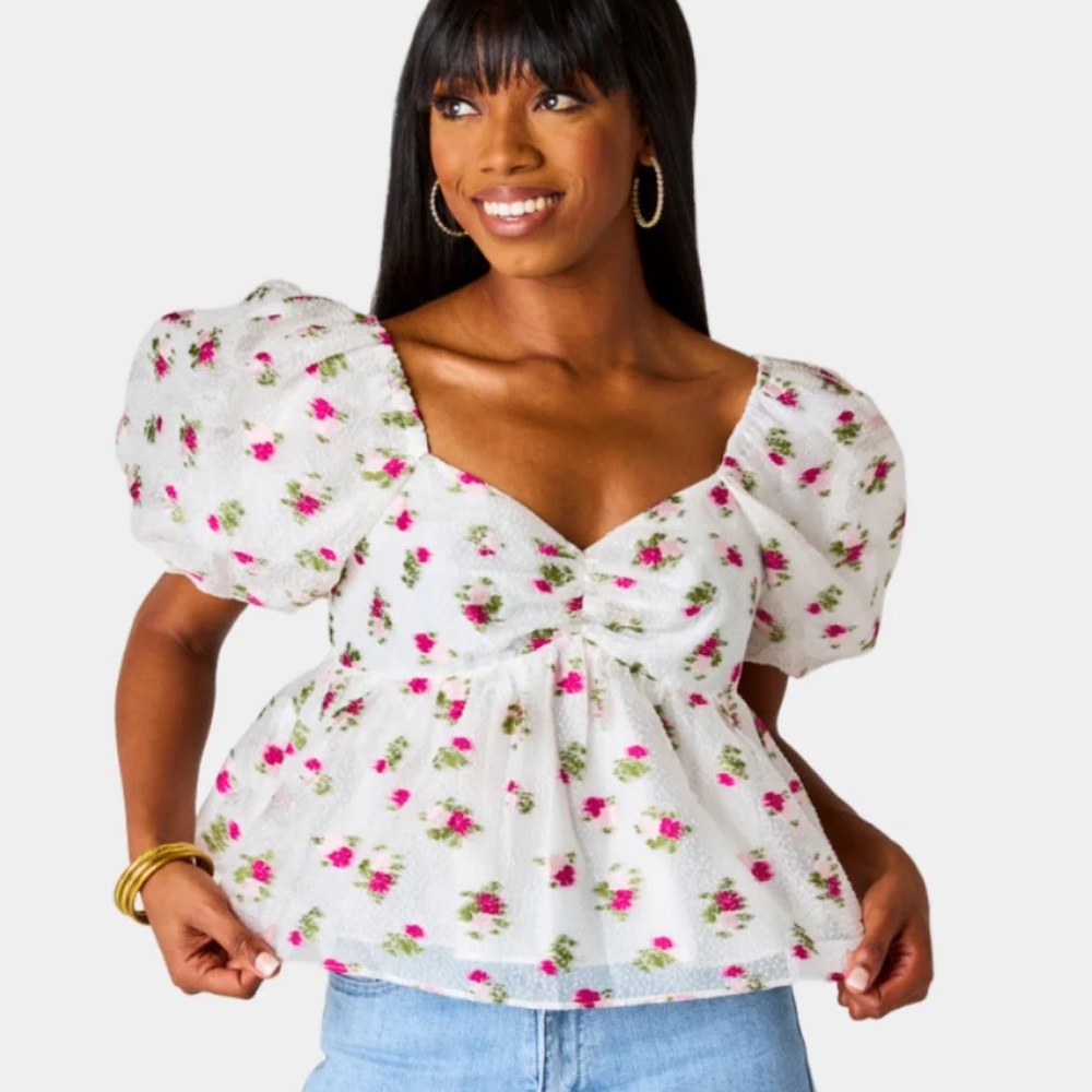 Nwt BuddyLove embroidered rose peplum top buddylove puff sleeve spring t…